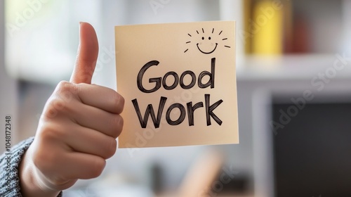 A hand giving a thumbs up with a sticky note saying 'Good Work' with a smiling sun drawn on it.