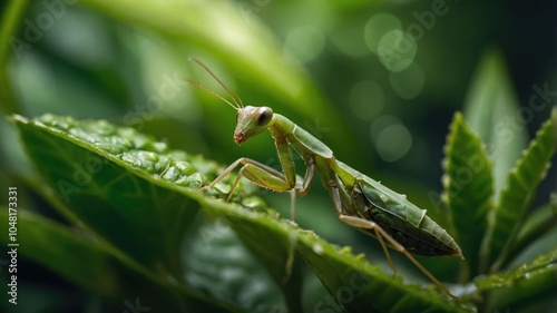 A close-up of a green mantis perched on a leaf in a lush environment.