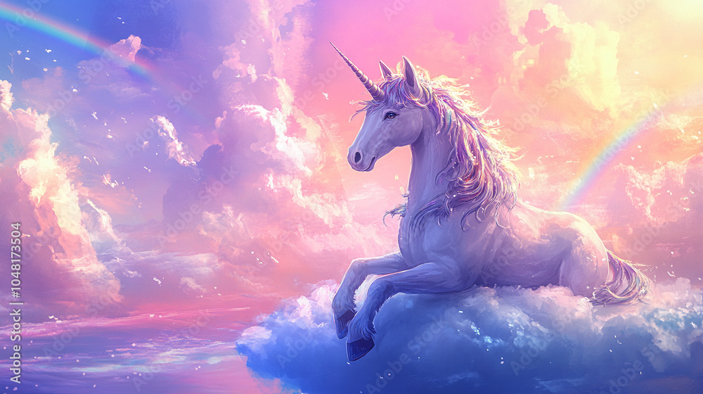 Cute magic rainbow unicorn in fantastic world kid's dream background Cute magic rainbow unicorn in fantastic world kid's dream background