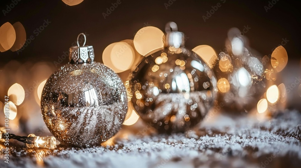 Elegant holiday ornaments with sparkling lights on a festive background, perfect for Christmas celebrations. Elegant holiday ornaments with sparkling lights on a festive background, perfect for Christmas celebrations.