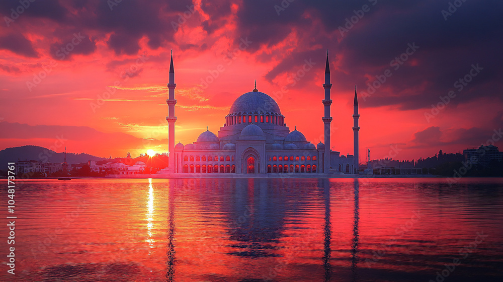 Fototapeta premium A majestic mosque with towering minarets is silhouetted against a fiery red sunset, its reflection shimmering on the calm waters below