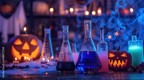 Halloween Potion Setup with Jack-O-Lanterns and Glowing Potions