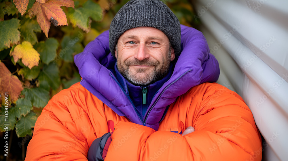 A smiling man in a bright orange puffy jacket sits against a backdrop of colorful autumn leaves in a cozy outdoor setting A smiling man in a bright orange puffy jacket sits against a backdrop of colorful autumn leaves in a cozy outdoor setting