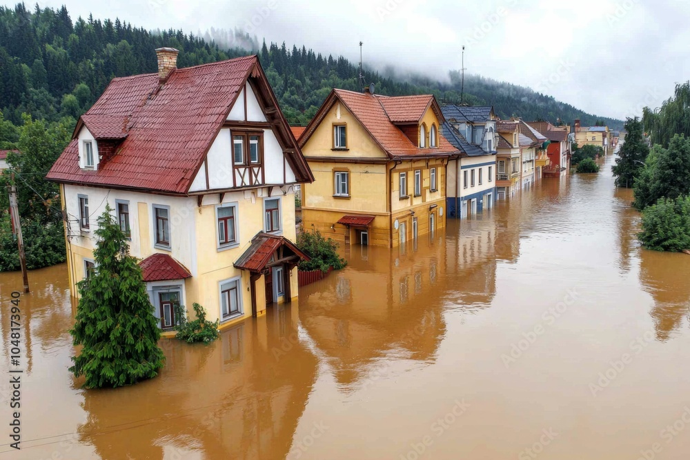 Flooded houses surrounded by water, illustrating the impact of natural disasters on communities. Flooded houses surrounded by water, illustrating the impact of natural disasters on communities.