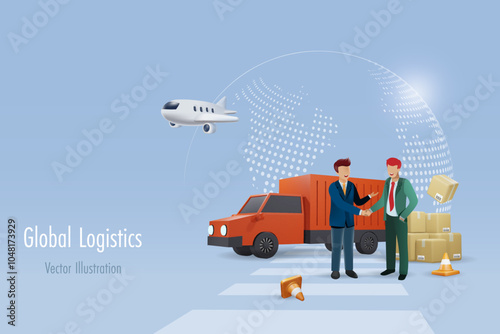 Gobal logistic partnership. Businessman hand shaking for success deal in shipment distribution with delivery truck and airplane. Vector.
