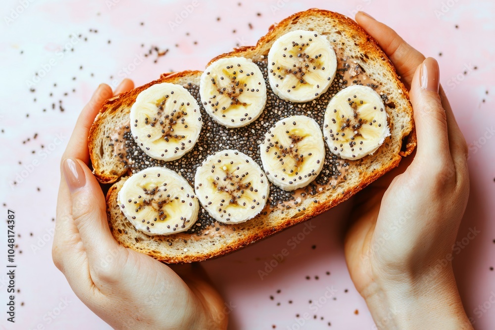 Hands holding a delicious banana toast topped with chia seeds on a pink background. Hands holding a delicious banana toast topped with chia seeds on a pink background.