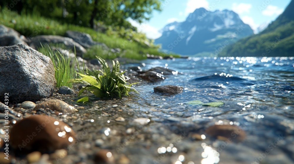 Mountain Lake Shore with Rocks Green Plants and Water Mountain Lake Shore with Rocks Green Plants and Water