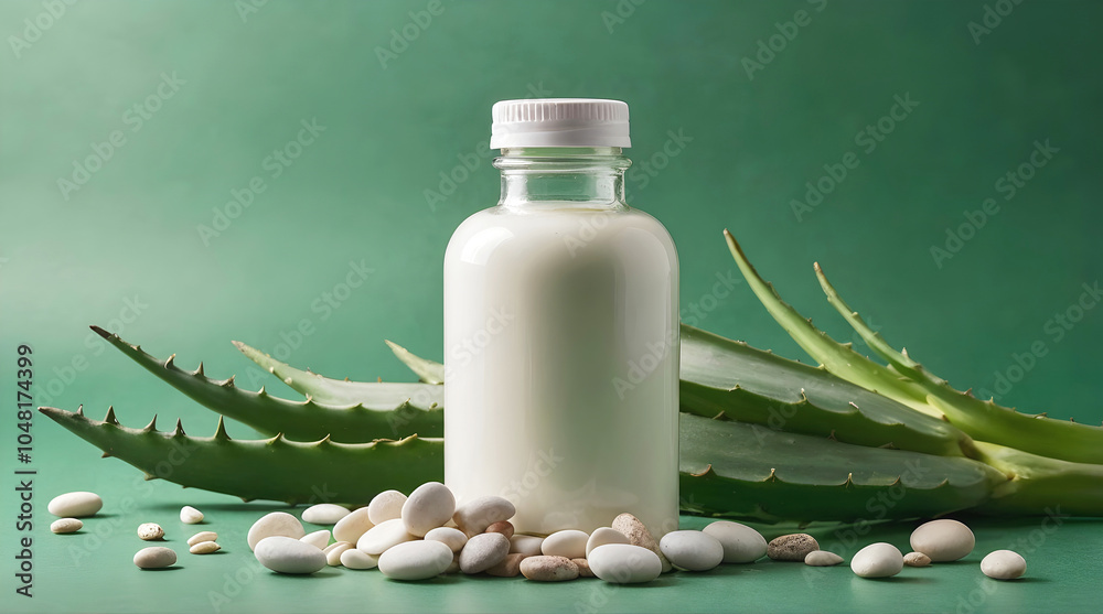 Blank white bottle with green aloe vera leaves and pebbles isolated on green background, organic product mock up, self care cosmetics, copy space area