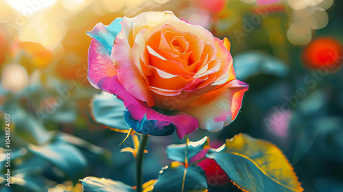 Close-up of vibrant multicolored rose in full bloom against a backdrop of green foliage and warm sunlight.
