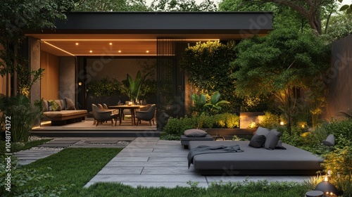 A modern backyard with a patio and lounge furniture, surrounded by lush greenery and illuminated with warm lights.