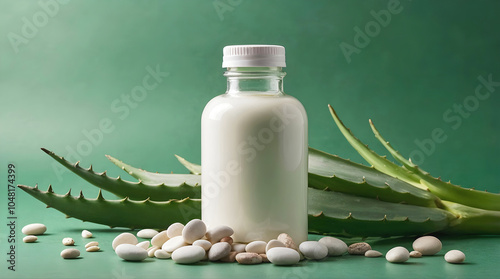 Obraz na płótnie Blank white bottle with green aloe vera leaves and pebbles isolated on green background, organic product mock up, self care cosmetics, copy space area w salonie