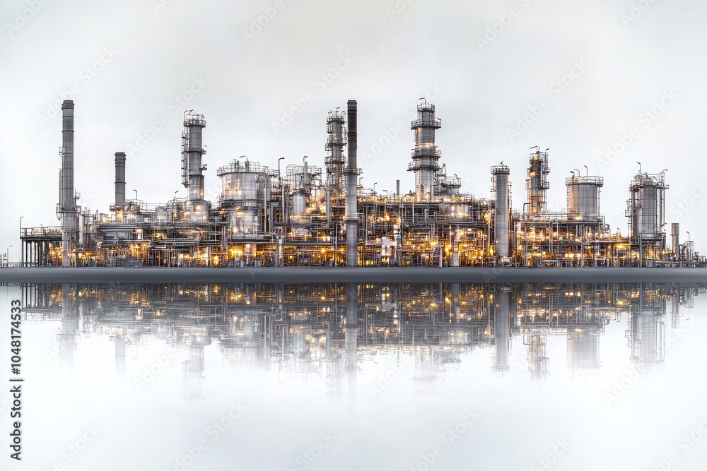 Obraz premium Industrial facility skyline at dusk with illuminated structures and reflection on water.