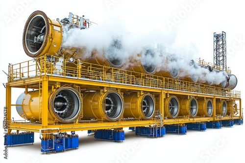 Industrial gas turbine with smoke, isolated on white background.