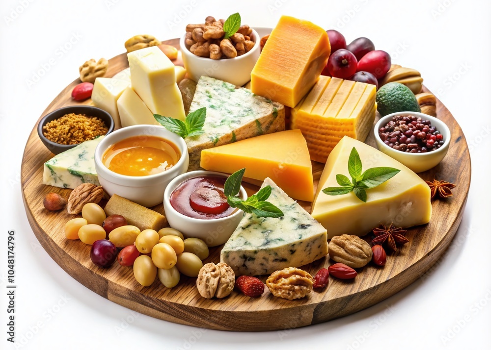 Cheese Plate Platter with Nuts, Fruits, and Honey on White Background - Top View Macro Photography for Gourmet Cheese Plate Platter with Nuts, Fruits, and Honey on White Background - Top View Macro Photography for Gourmet
