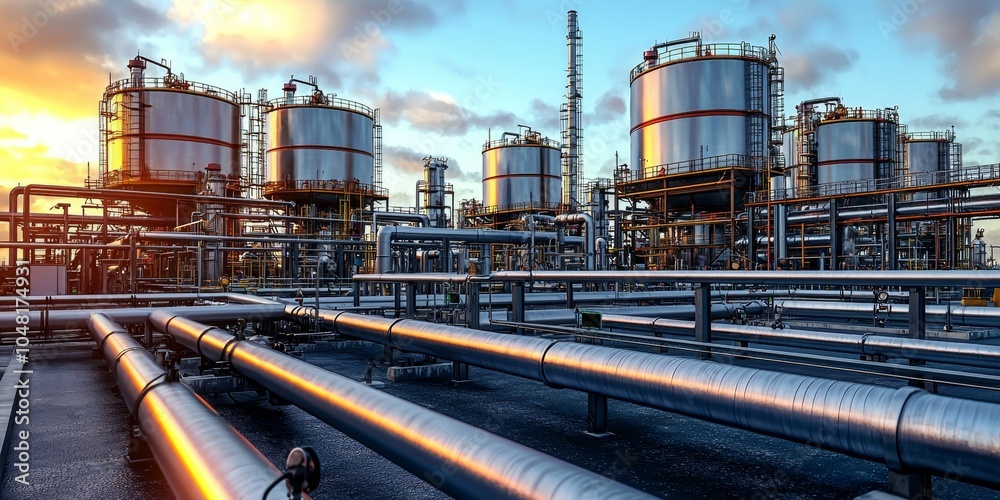 Industrial scene with large storage tanks and pipelines under a vibrant sky. Industrial scene with large storage tanks and pipelines under a vibrant sky.
