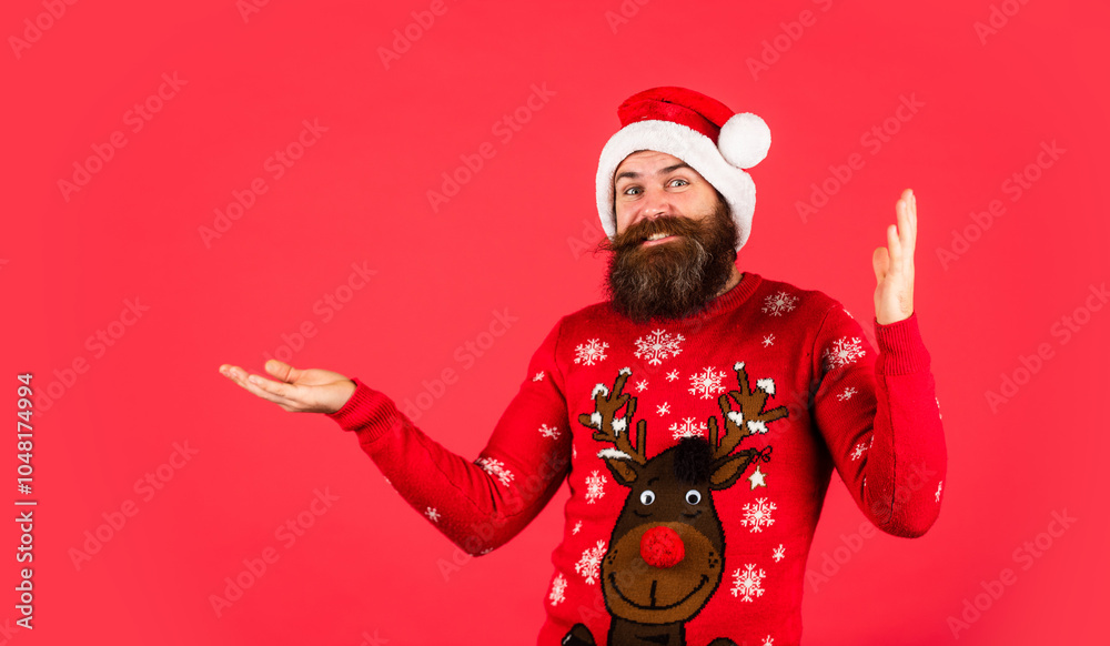Promoting goods. Winter holiday fun. Hipster with mustache winter sweater. Christmas time. Product presentation. Bearded man santa hat. Stunning and Unique. Lifestyle you deserve. New year party Promoting goods. Winter holiday fun. Hipster with mustache winter sweater. Christmas time. Product presentation. Bearded man santa hat. Stunning and Unique. Lifestyle you deserve. New year party