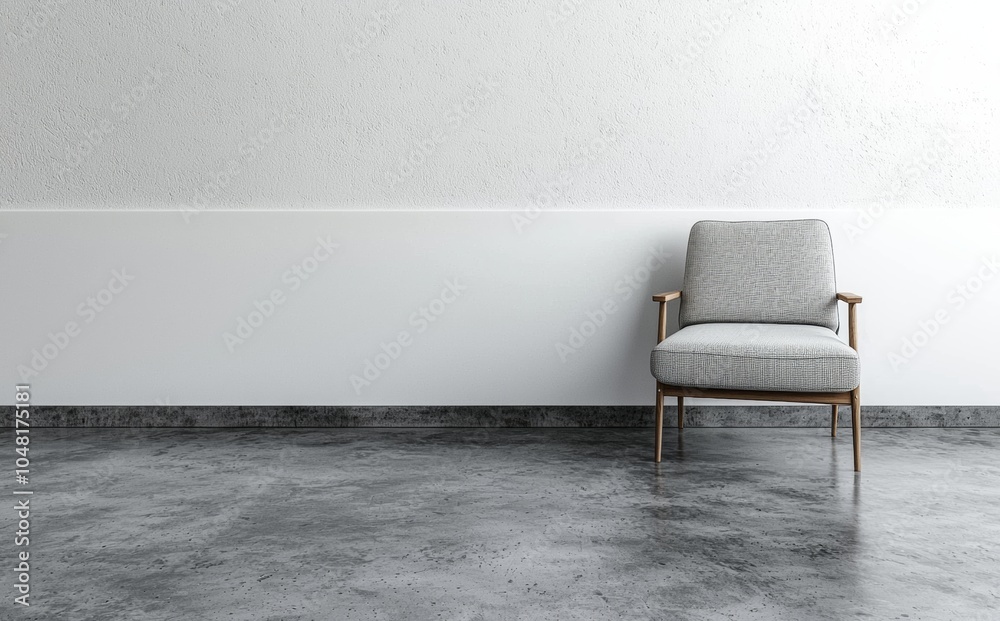 Modern gray armchair against a minimalist white wall in an empty room. Modern gray armchair against a minimalist white wall in an empty room.