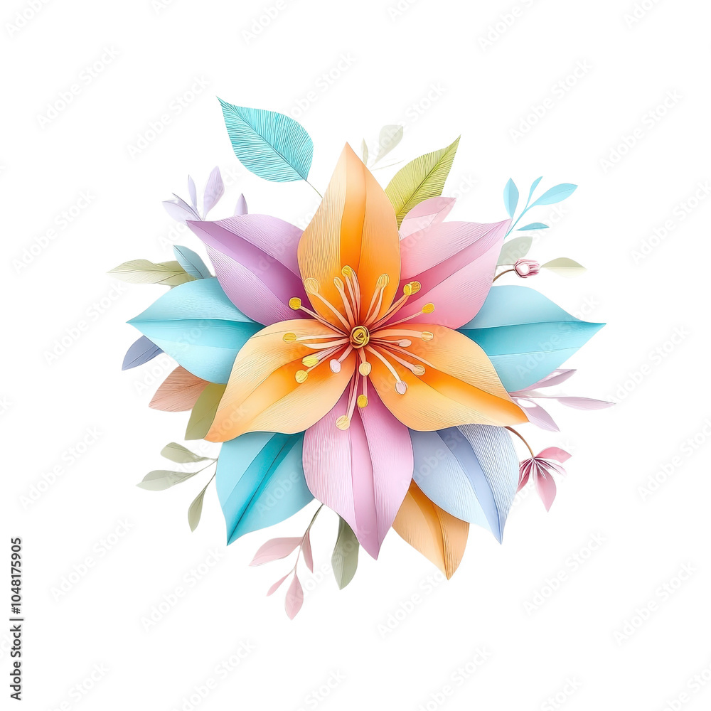 Obraz premium A multicolored paper art lily, isolate on a white background, highlighting various textures and artistic layers. PNG
