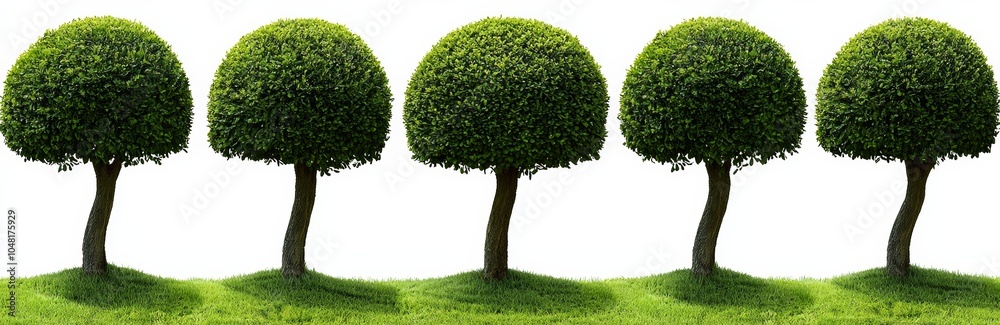 Row of neatly trimmed round trees on a grassy area, white isolate background. Row of neatly trimmed round trees on a grassy area, white isolate background.