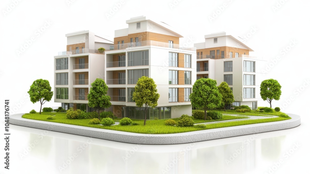 A modern architectural model showcasing residential buildings with greenery and landscaping around them. A modern architectural model showcasing residential buildings with greenery and landscaping around them.