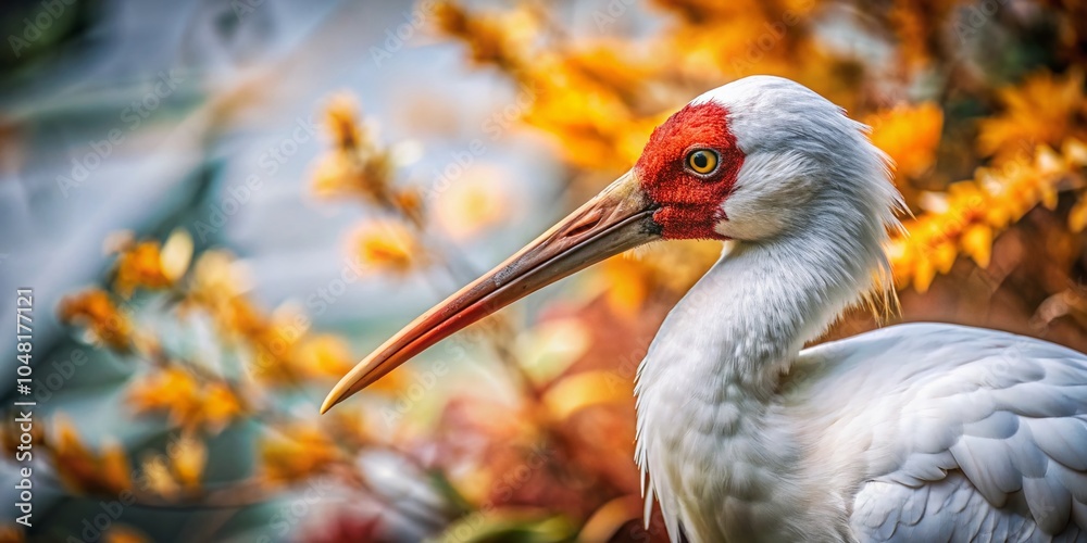 Naklejka premium Close-Up of a White Bird with Red-Tipped Beak in Tilt-Shift Photography for Nature Lovers and Wildlife Enthusiasts