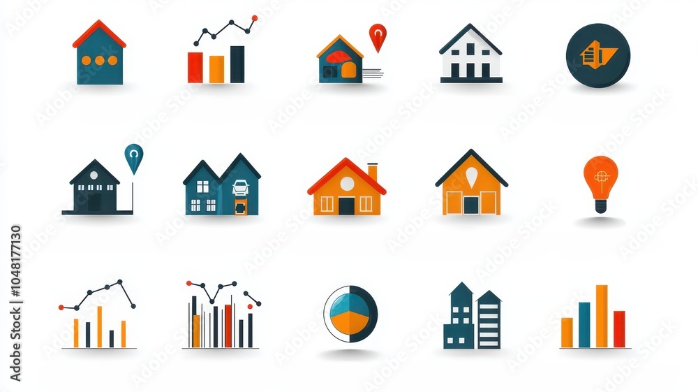 A collection of vibrant, minimalist icons representing houses, graphs, and real estate elements, ideal for housing or property-related content. A collection of vibrant, minimalist icons representing houses, graphs, and real estate elements, ideal for housing or property-related content.