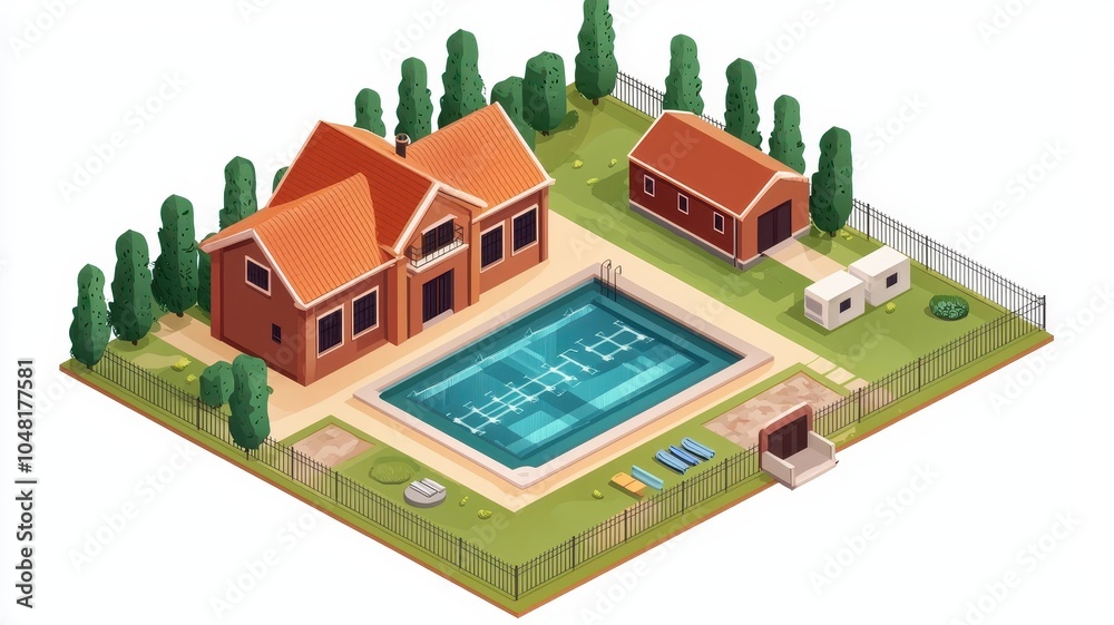 A modern house with a pool, surrounded by trees and a fence, featuring a small shed and leisure area, set in a green landscape. A modern house with a pool, surrounded by trees and a fence, featuring a small shed and leisure area, set in a green landscape.