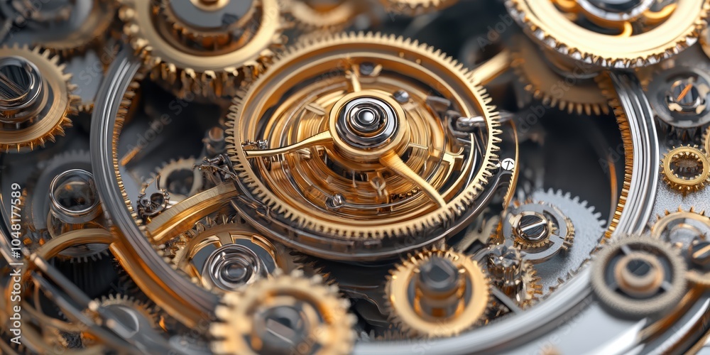 Intricate gold gears and metal parts of a clock. Intricate gold gears and metal parts of a clock.