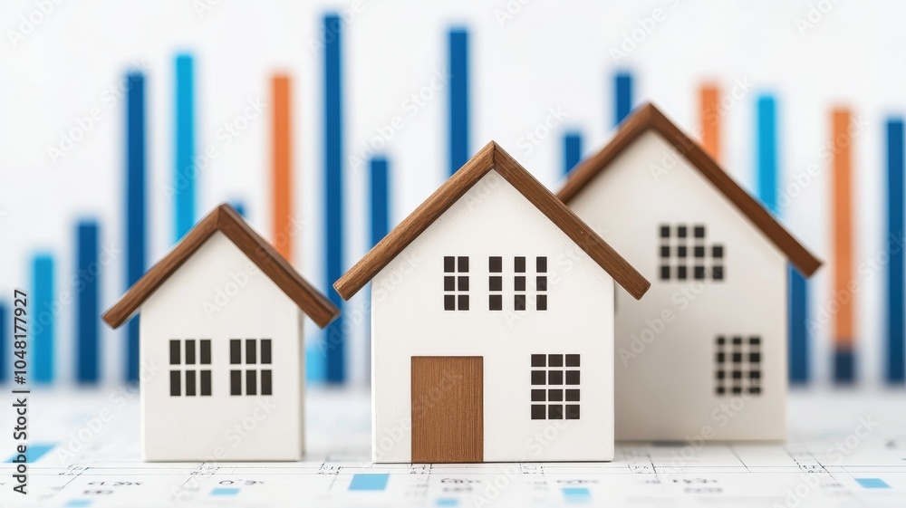 A trio of miniature houses sits in front of a colorful bar graph, representing real estate trends and market analysis. A trio of miniature houses sits in front of a colorful bar graph, representing real estate trends and market analysis.