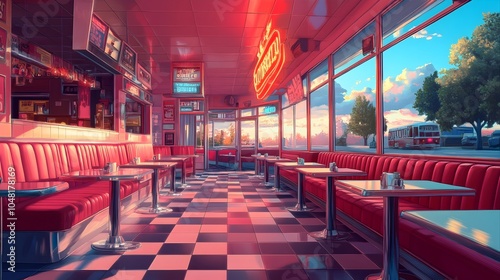 Vintage 1950s Diner with Glowing Neon Sign in Style