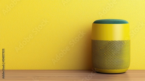 A colorful smart speaker sits on a wooden surface against a vibrant yellow wall, showcasing modern design and technology.
