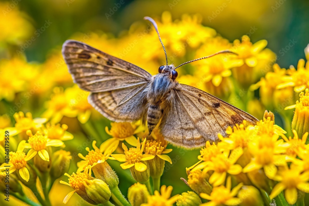 Obraz premium Closeup of Tiny Field Bindweed Moth on Yellow Eastern Groundsel Flower with Tyta Luctuosa Butterfly, Nature's Beauty in