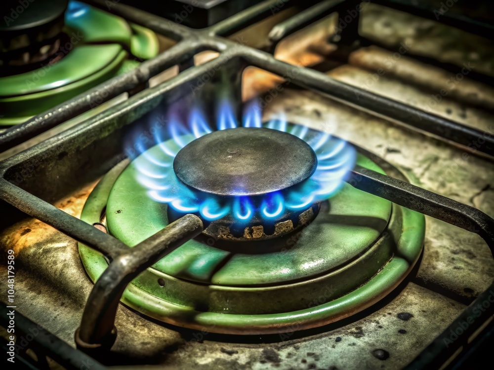 Closeup of Vibrant Blue Flame from Gas Stove in Kitchen - Household Energy and Cooking Concept