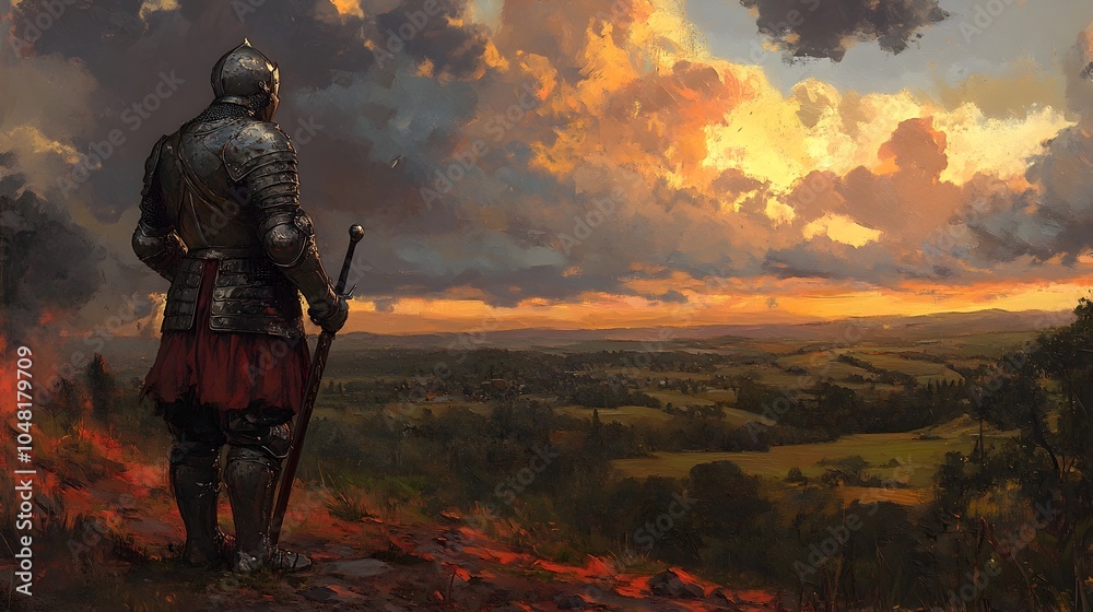 Naklejka premium Resolute Medieval Knight Surveying Battle Scarred Landscape at Sunset