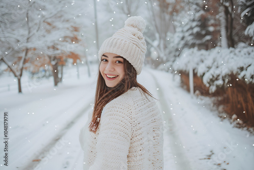 Close-up portrait of a happy young woman wearing a winter hat, Generative AI