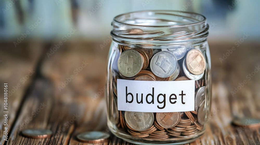A clear glass jar filled with coins, labeled A clear glass jar filled with coins, labeled