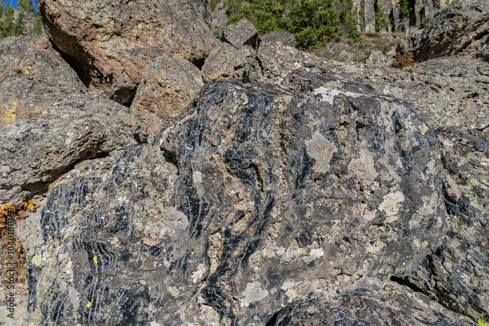 Naklejka premium Obsidian Cliff, Yellowstone National Park , Wyoming. Obsidian is a naturally occurring volcanic glass formed when lava extruded from a volcano cools rapidly with minimal crystal growth. igneous rock