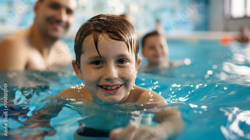 Joyful Splash: A smiling boy enjoys a refreshing swim, his happy face peeking above the water's surface in a family pool scene. Pure summer fun! 