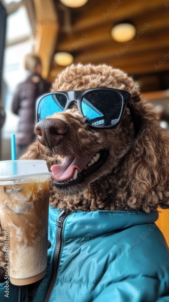 A dog wearing sunglasses and a blue jacket enjoys a cold beverage. AI. A dog wearing sunglasses and a blue jacket enjoys a cold beverage. AI.