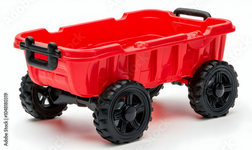 Red plastic toy wagon with black wheels.