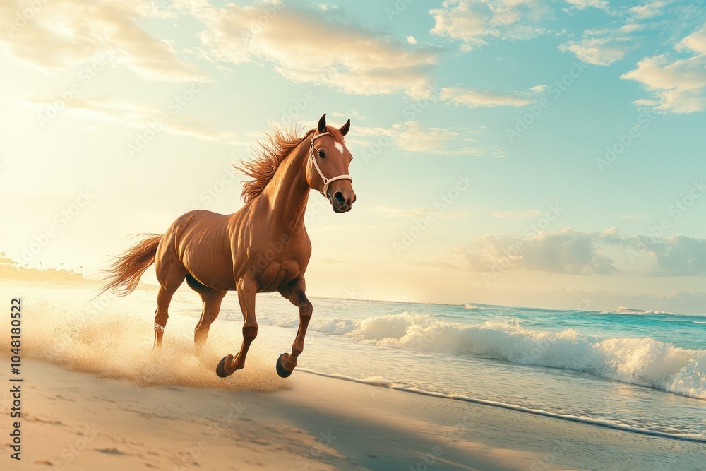 A horse runs freely on a sandy beach. AI. A horse runs freely on a sandy beach. AI.