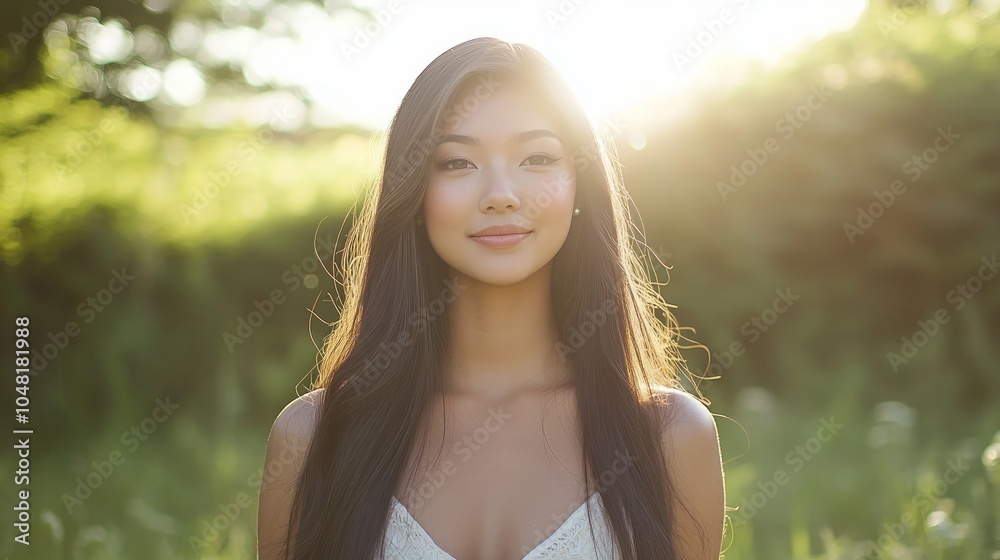 Naklejka premium A young Asian woman with long black hair smiles softly as she looks at the camera with the sun shining behind her.