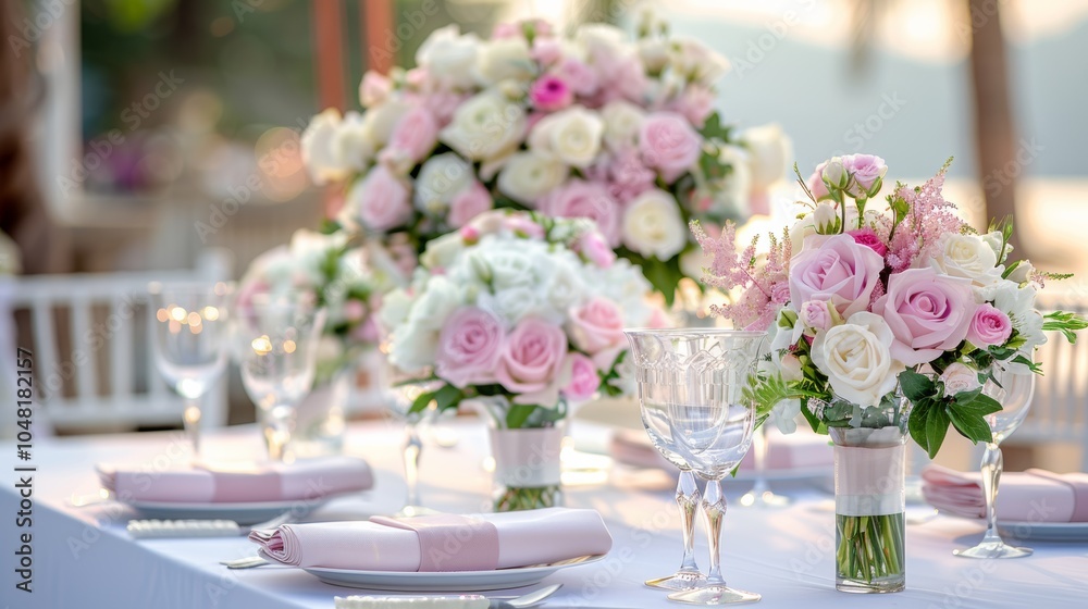 Elegant Outdoor Dinner Table Setting with Floral Centerpiece in Romantic Lighting Elegant Outdoor Dinner Table Setting with Floral Centerpiece in Romantic Lighting