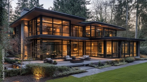 Sleek home exterior with expansive glass walls and elegant finishes, capturing the wealth and sophistication of modern architecture