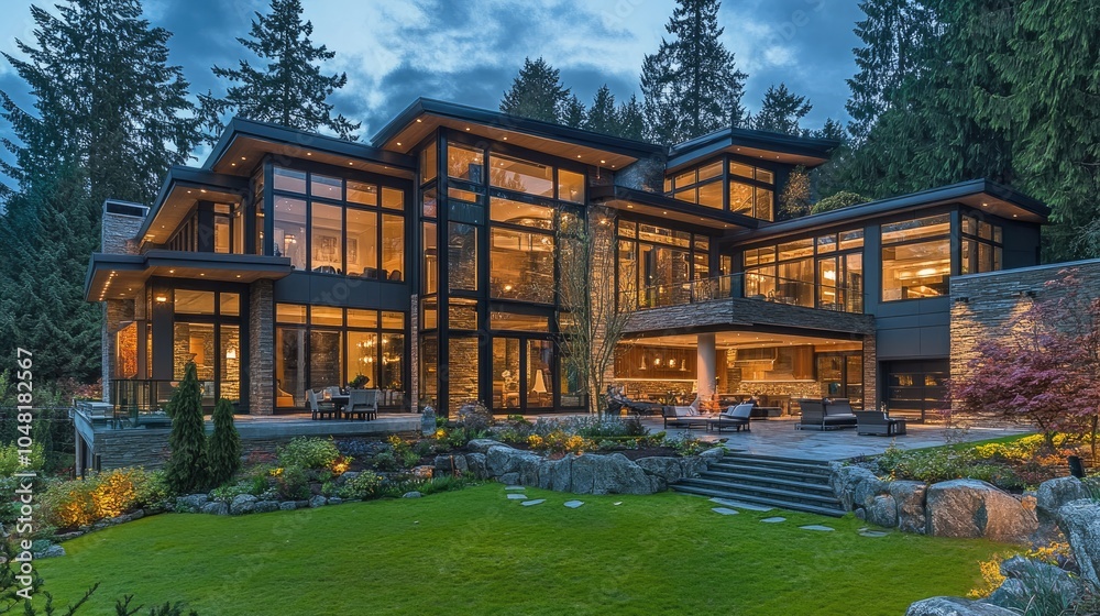 Sophisticated home exterior with glass walls and sleek finishes, embodying wealth and the brilliance of high-end design Sophisticated home exterior with glass walls and sleek finishes, embodying wealth and the brilliance of high-end design