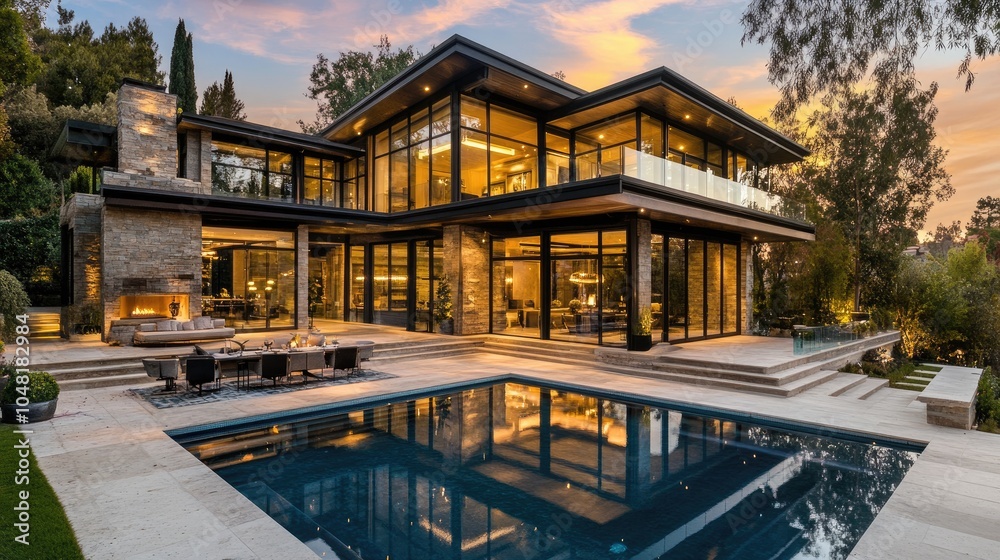 A luxurious modern home with expansive glass walls and sleek finishes, capturing wealth and refined architectural style A luxurious modern home with expansive glass walls and sleek finishes, capturing wealth and refined architectural style