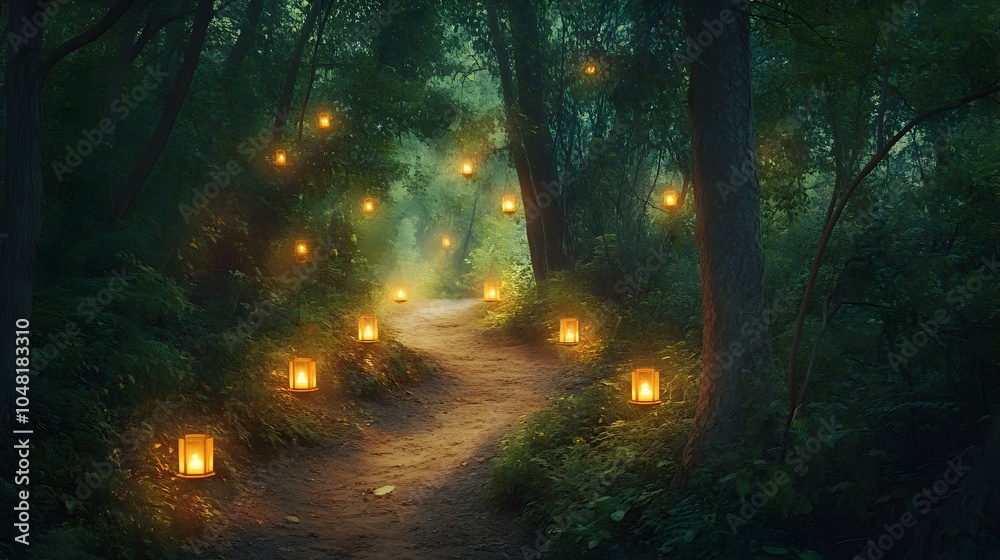 Enchanting Forest Pathway Lined with Softly Glowing Lanterns in Warm Amber Light
