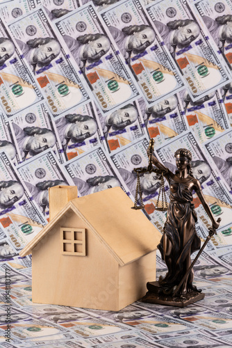 The figure of Themis and a symbolic wooden house against the background of 100 US dollar bills photo