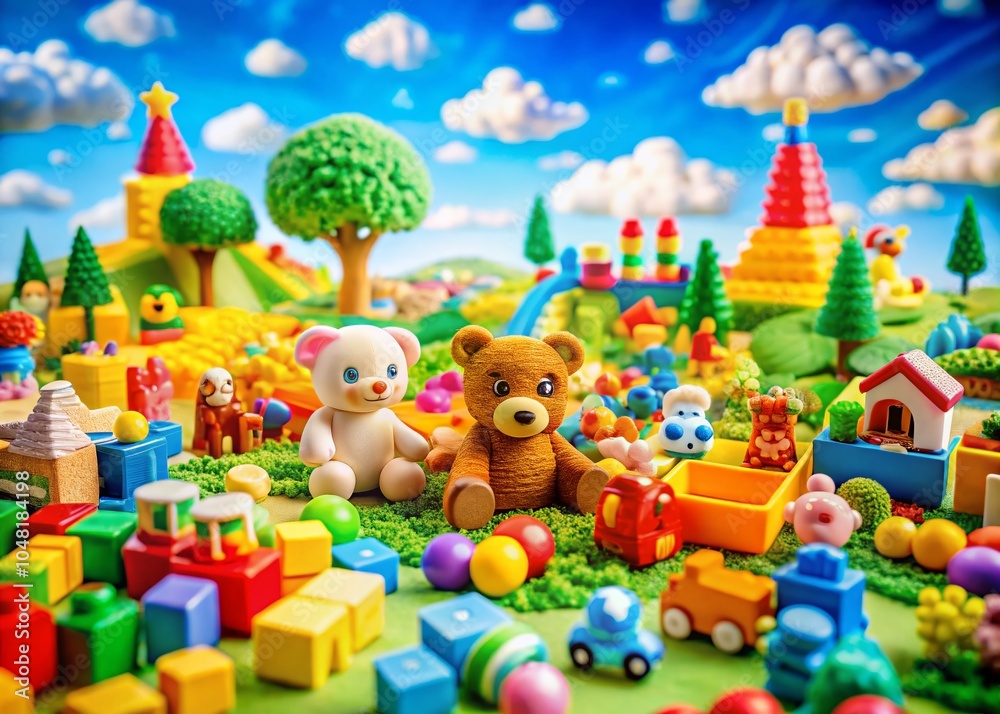 Fototapeta premium Colorful Toy Wonderland: Captivating Panoramic Photography of Playful Toys for Kids’ Imagination