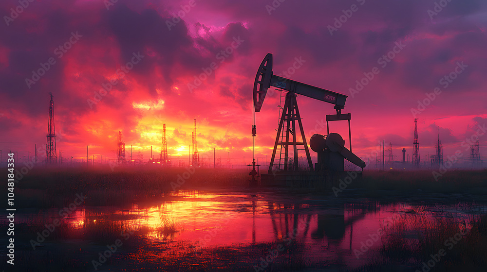 An Oil Pump in the Middle of an Oil Field with a Pink and Purple Sunset in the Background, Symbolizing Industrial Energy Extraction Against a Surreal Sky.
An Oil Pump in the Middle of an Oil Field with a Pink and Purple Sunset in the Background, Symbolizing Industrial Energy Extraction Against a Surreal Sky.